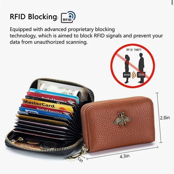 🆕✨ Leather RFID Protection Zip Around Credit Card Bee Small Wallet - Picture 2 of 10